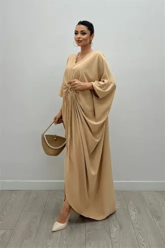 Crepe Jesika Fabric Batwing Sleeve Dress - CREAM - BÜYÜKBEDENIZ (1)