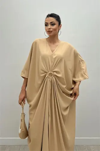Crepe Jesika Fabric Batwing Sleeve Dress - CREAM - 3
