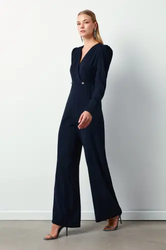 Crêpe Jumpsuit with Crossover Detail and Rhinestones - NAVY-NAVY 