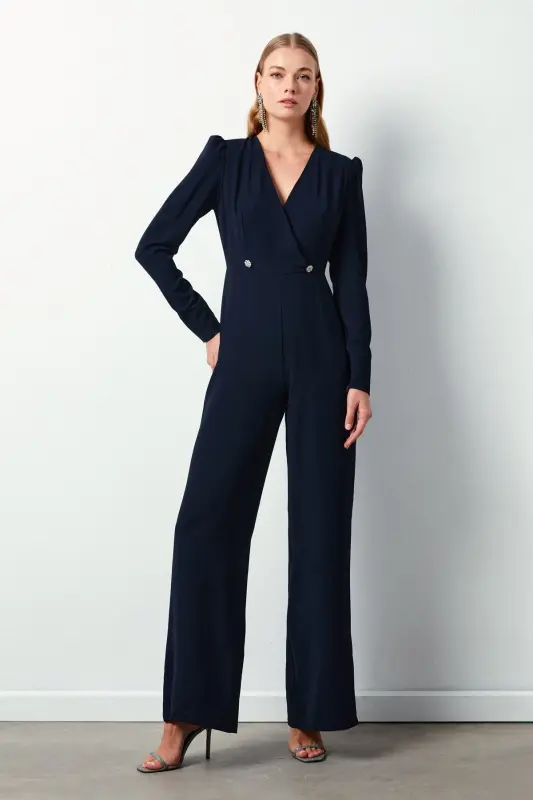 Crêpe Jumpsuit with Crossover Detail and Rhinestones - NAVY-NAVY - 2