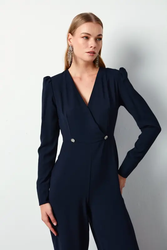 Crêpe Jumpsuit with Crossover Detail and Rhinestones - NAVY-NAVY - 3