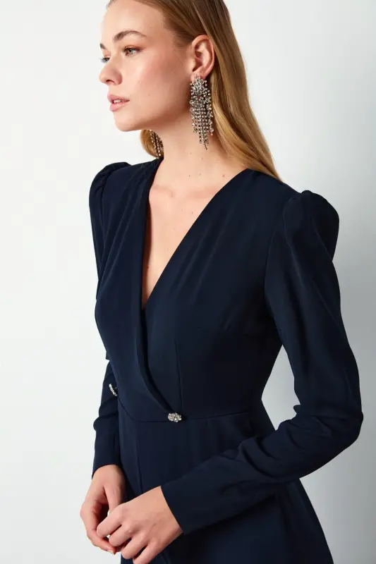 Crêpe Jumpsuit with Crossover Detail and Rhinestones - NAVY-NAVY - 4
