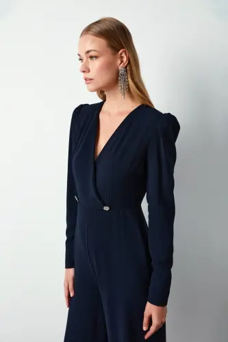 Crêpe Jumpsuit with Crossover Detail and Rhinestones - NAVY-NAVY - 5