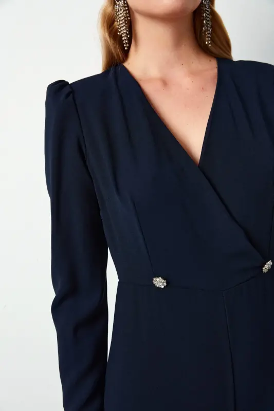 Crêpe Jumpsuit with Crossover Detail and Rhinestones - NAVY-NAVY - 6