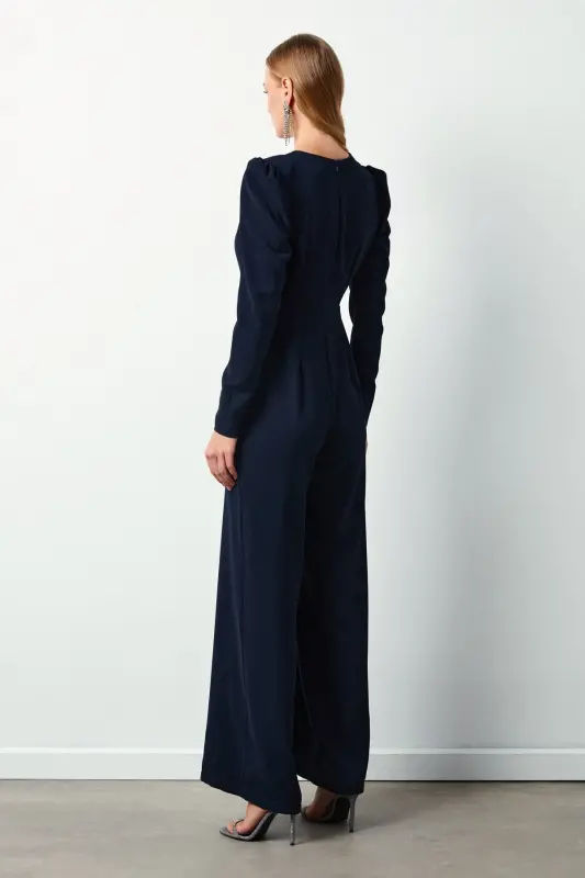 Crêpe Jumpsuit with Crossover Detail and Rhinestones - NAVY-NAVY - 7