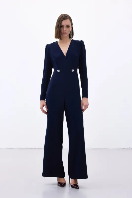 Crêpe Jumpsuit with Crossover Detail and Rhinestones - NAVY-NAVY - 3