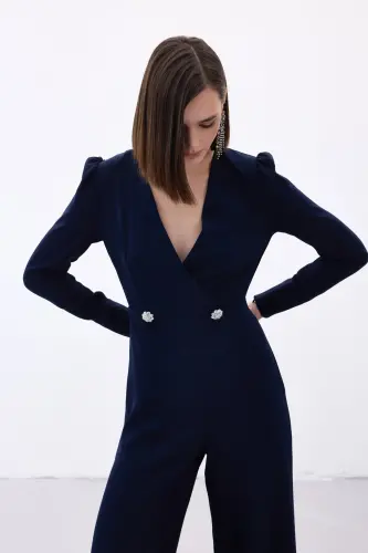 Crêpe Jumpsuit with Crossover Detail and Rhinestones - NAVY-NAVY - 6
