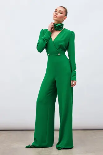 Crepe Jumpsuit with Lapel and Decorative Stones - Green 