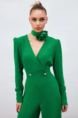 Crepe Jumpsuit with Lapel and Decorative Stones - Green - SATEEN (1)