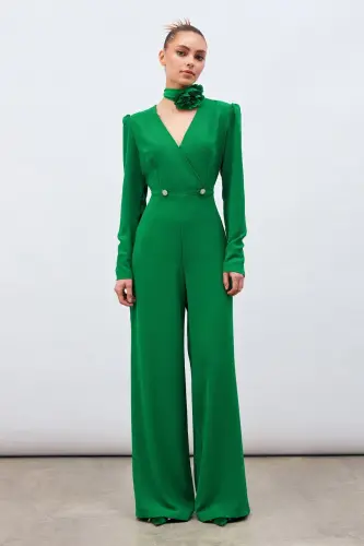 Crepe Jumpsuit with Lapel and Decorative Stones - Green - 3
