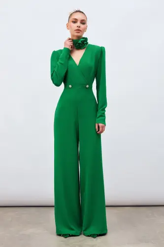 Crepe Jumpsuit with Lapel and Decorative Stones - Green - 4
