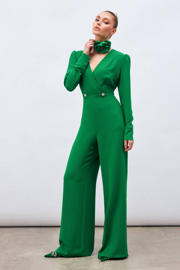 Crepe Jumpsuit with Lapel and Decorative Stones - Green - 1