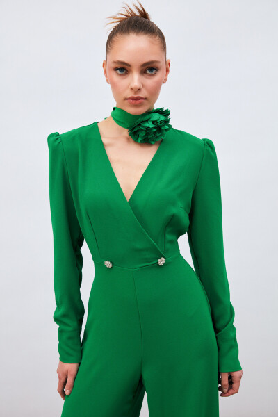 Crepe Jumpsuit with Lapel and Decorative Stones - Green - 2