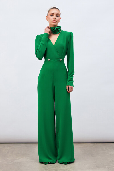 Crepe Jumpsuit with Lapel and Decorative Stones - Green - 4