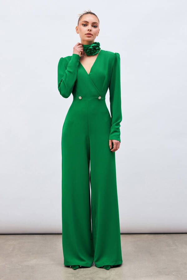 Crepe Jumpsuit with Lapel and Decorative Stones - Green - 4