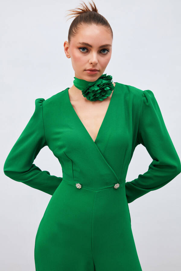 Crepe Jumpsuit with Lapel and Decorative Stones - Green - 5