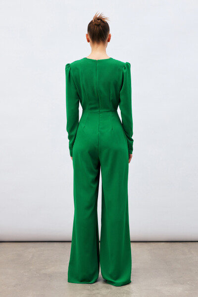 Crepe Jumpsuit with Lapel and Decorative Stones - Green - 7