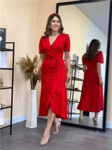 Crepe Midi Dress - Red - 3