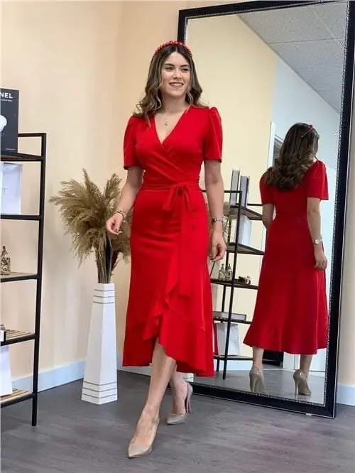 Crepe Midi Dress - Red - 3