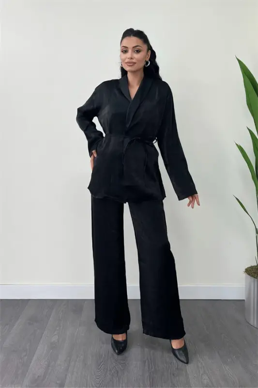 Crepe Satin Fabric Jacket Set - BLACK - 1