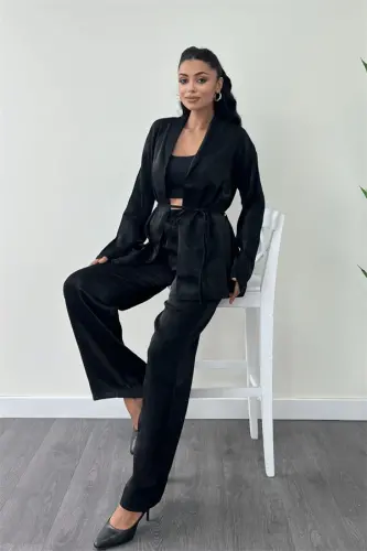 Crepe Satin Fabric Jacket Set - BLACK - 3