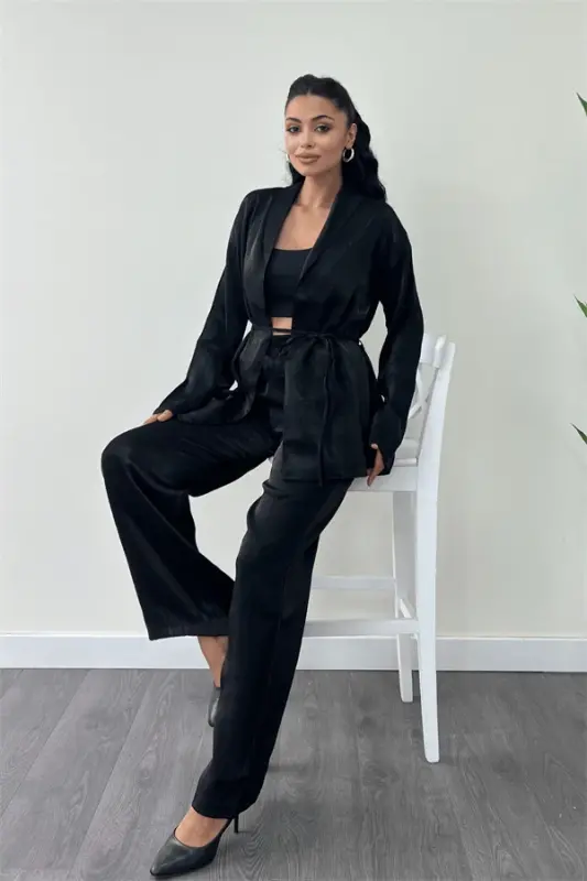 Crepe Satin Fabric Jacket Set - BLACK - 3