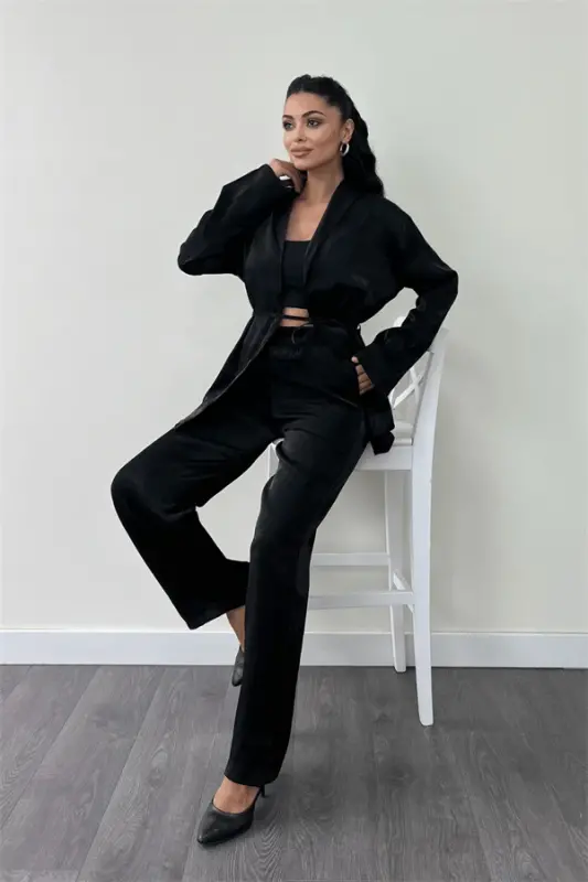 Crepe Satin Fabric Jacket Set - BLACK - 4