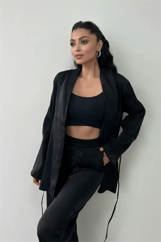 Crepe Satin Fabric Jacket Set - BLACK - 5