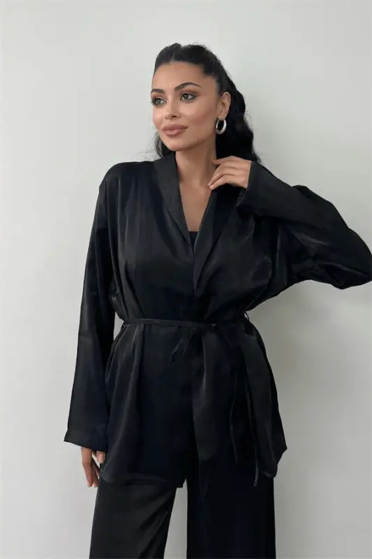 Crepe Satin Fabric Jacket Set - BLACK - 6