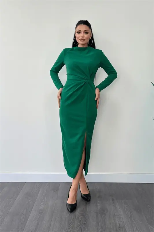 Crepe Shimmer Fabric Ruched Detail Pencil Dress - EMERALD GREEN - BÜYÜKBEDENIZ
