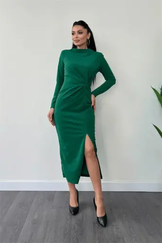 Crepe Shimmer Fabric Ruched Detail Pencil Dress - EMERALD GREEN - BÜYÜKBEDENIZ (1)