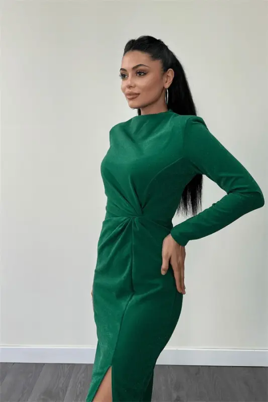 Crepe Shimmer Fabric Ruched Detail Pencil Dress - EMERALD GREEN - 3