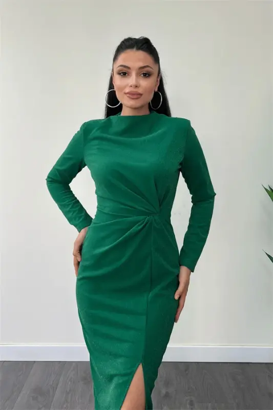 Crepe Shimmer Fabric Ruched Detail Pencil Dress - EMERALD GREEN - 4