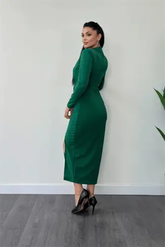 Crepe Shimmer Fabric Ruched Detail Pencil Dress - EMERALD GREEN - 5