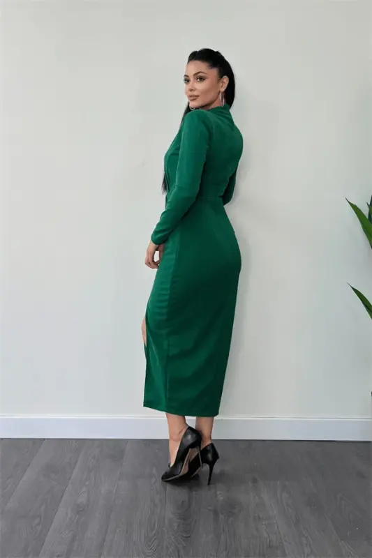 Crepe Shimmer Fabric Ruched Detail Pencil Dress - EMERALD GREEN - 5