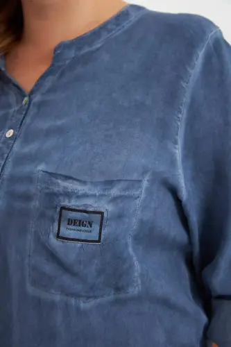 Crest Detailed Plus Size Washed Blouse Indigo - BÜYÜKBEDENIZ (1)