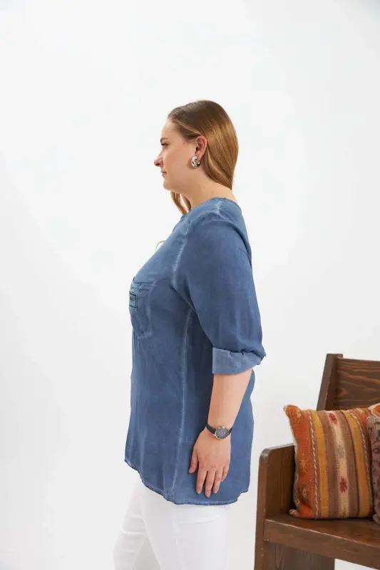 Crest Detailed Plus Size Washed Blouse Indigo - 3