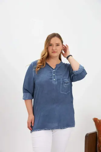 Crest Detailed Plus Size Washed Blouse Indigo - 4