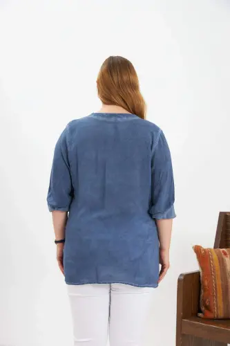 Crest Detailed Plus Size Washed Blouse Indigo - 5