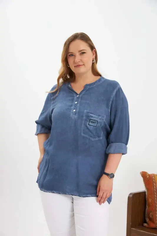 Crest Detailed Plus Size Washed Blouse Indigo - BÜYÜKBEDENIZ
