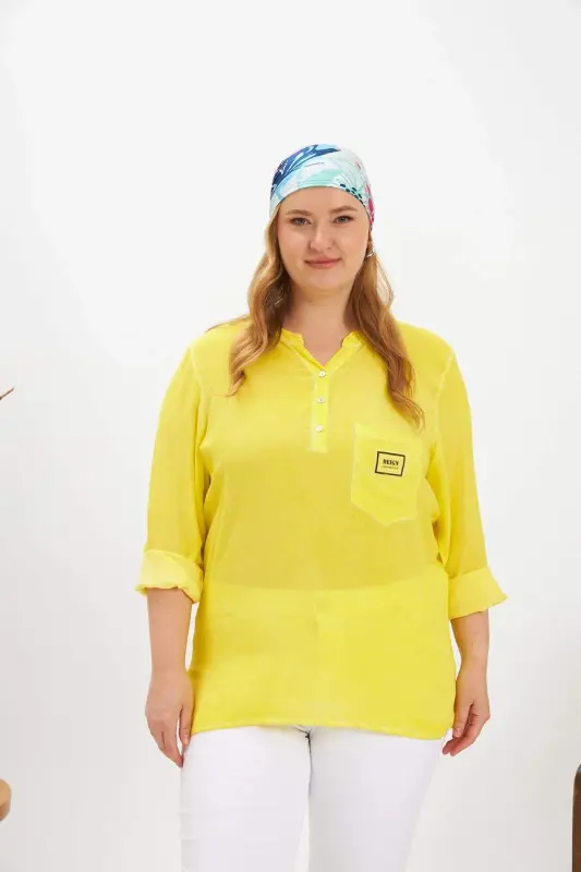 Crest Detailed Plus Size Washed Blouse Yellow - BÜYÜKBEDENIZ