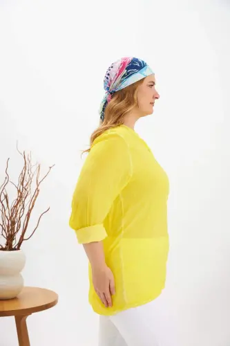 Crest Detailed Plus Size Washed Blouse Yellow - 3