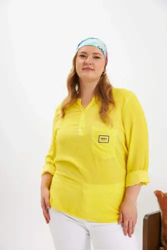 Crest Detailed Plus Size Washed Blouse Yellow - 4