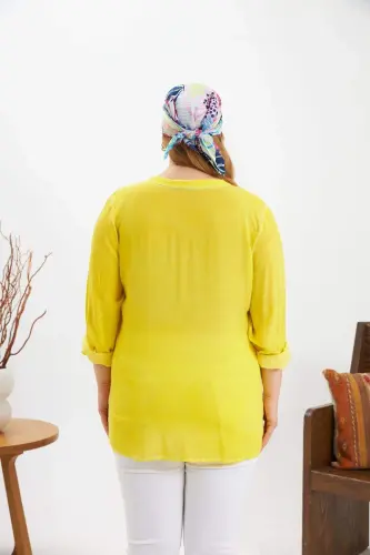 Crest Detailed Plus Size Washed Blouse Yellow - 5