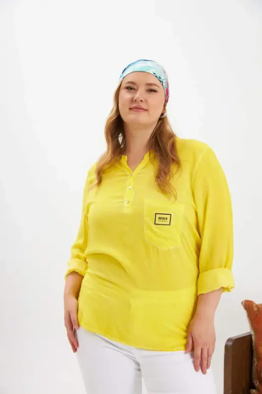 Crest Detailed Plus Size Washed Blouse Yellow - 4