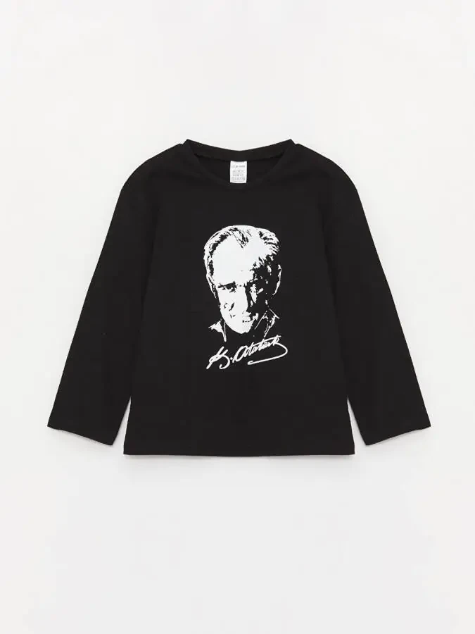 Crew Neck Atatürk Print Baby Girl T-Shirt-Black - 2