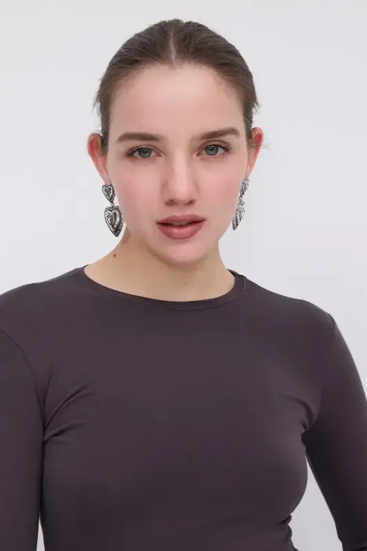 Crew Neck Basic Blouse B1496-DK2-Coffee - 5