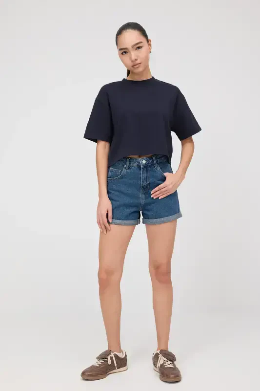 Crew Neck Basic Crop T-Shirt P10377-Navy - 1