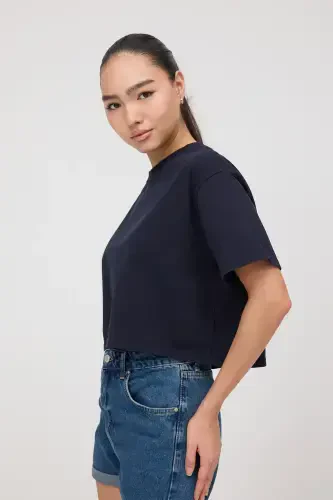 Crew Neck Basic Crop T-Shirt P10377-Navy - ADDAX (1)