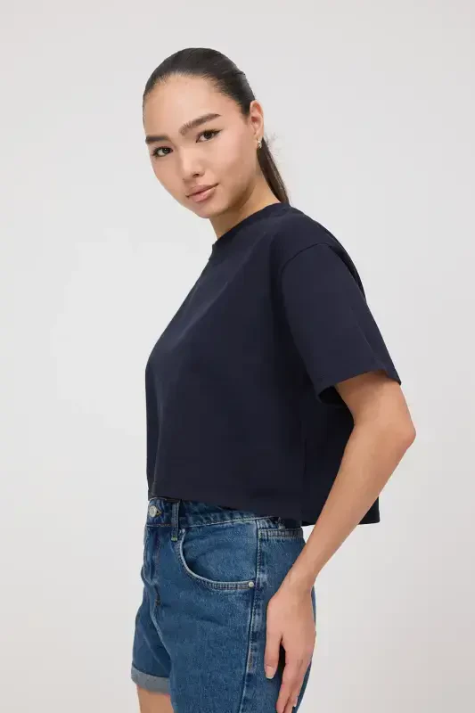 Crew Neck Basic Crop T-Shirt P10377-Navy - 2